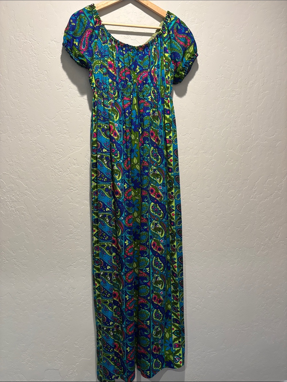 Vibrant Vintage Green & Blue Paisley Maxi Dress